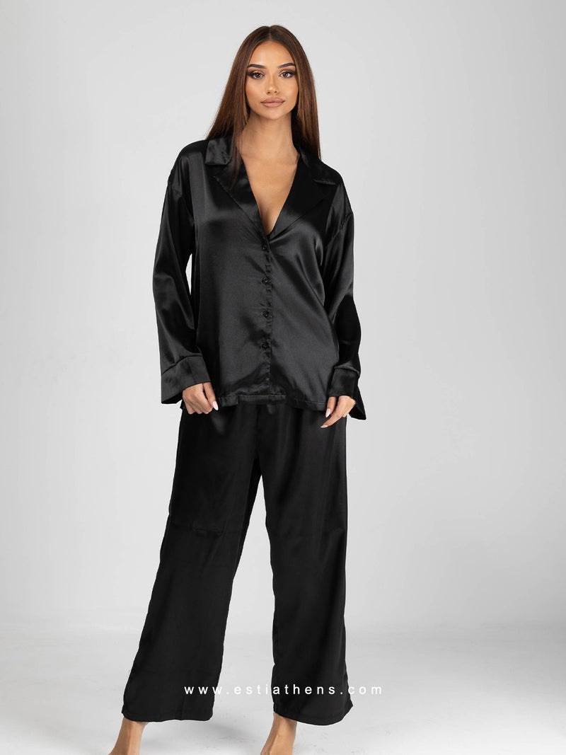 Black Satin Pajama Set