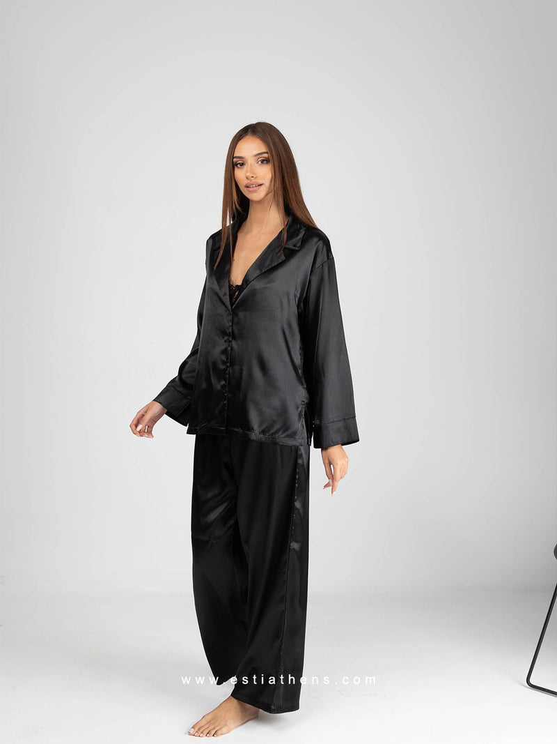Black Satin Pajama Set