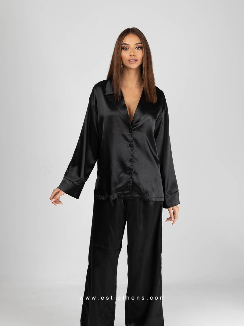 Black Satin Pajama Set