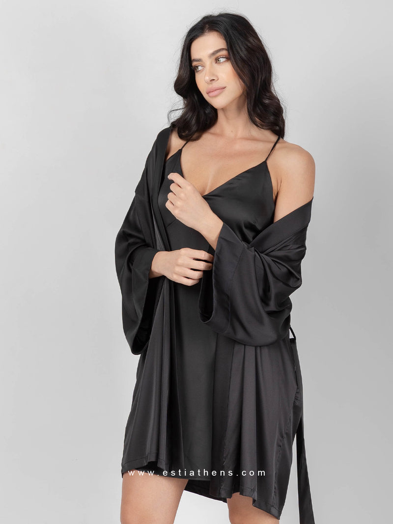 Black satin set with robe and short nightdress 
