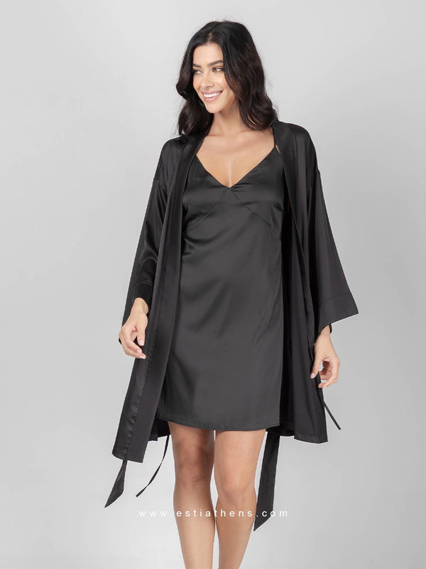Black satin set with robe and short nightdress 