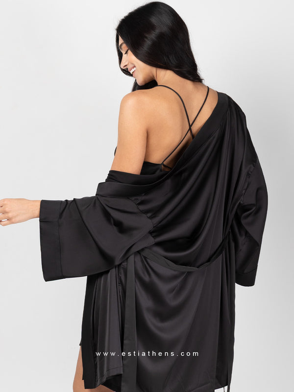 Black satin set with robe and short nightdress 