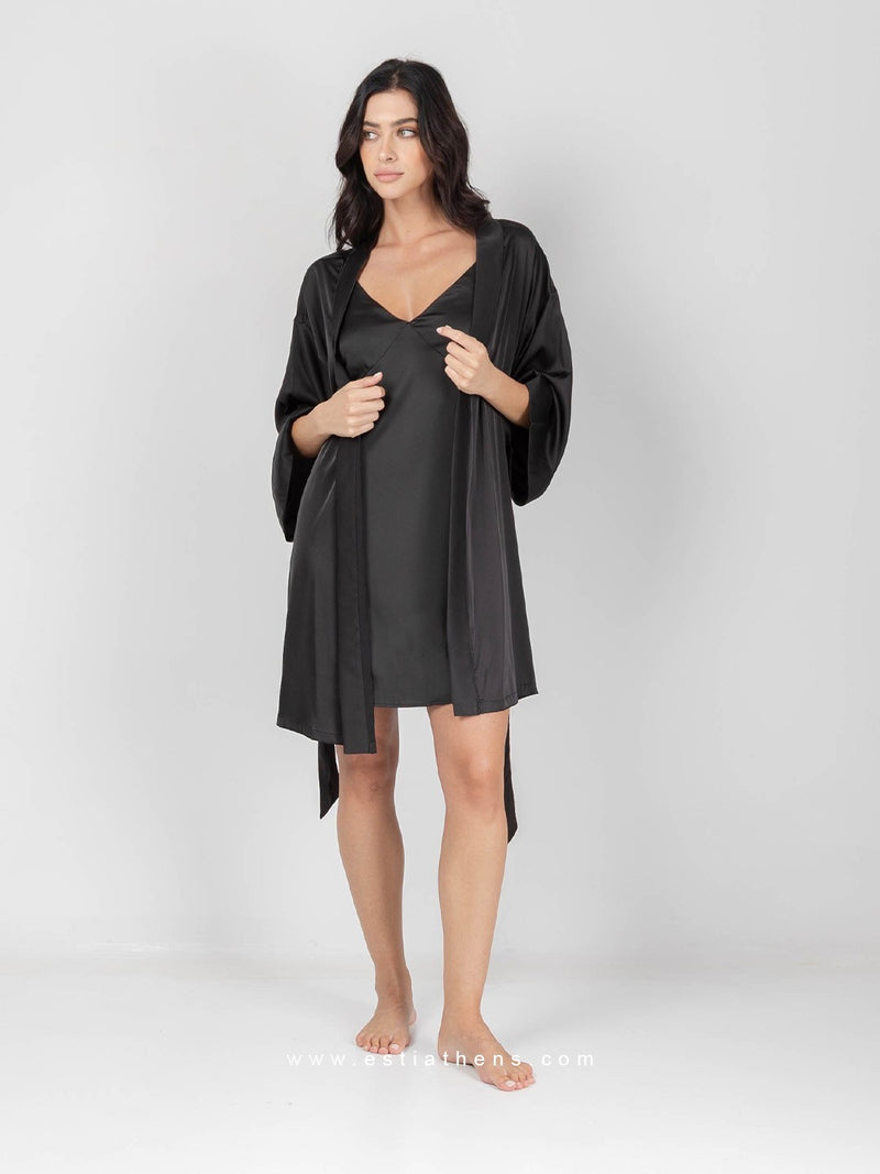 Black satin set with robe and short nightdress 
