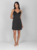 Black satin short nightdress with cross straps