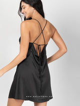 Black satin short nightdress with cross straps