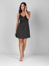 Black satin short nightdress with cross straps