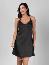 Black satin short nightdress with cross straps