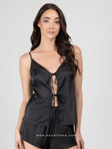 Black pajama set with sheer bust detail