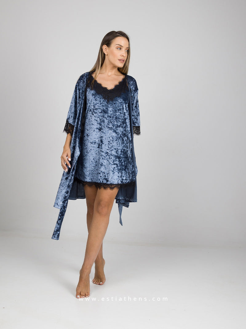 Blue Lace Velour Nightwear Set