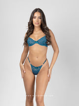 Blue petrol lingerie set with lace and rhinestones