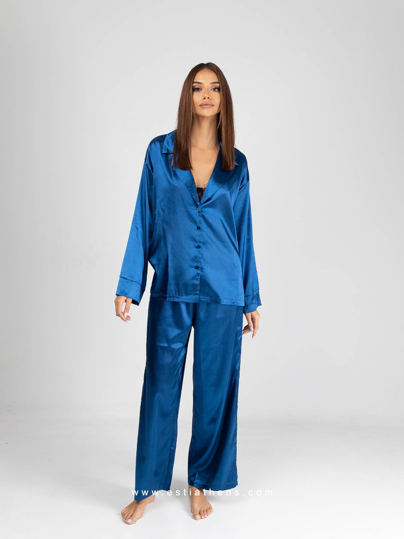 Sapphire Blue Satin Pajama Set