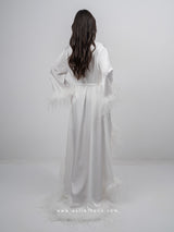 Bridal white long robe dress with nightgown and feathers