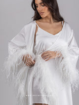Bridal white long robe dress with nightgown and feathers