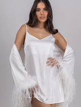 Bridal white long robe dress with nightgown and feathers