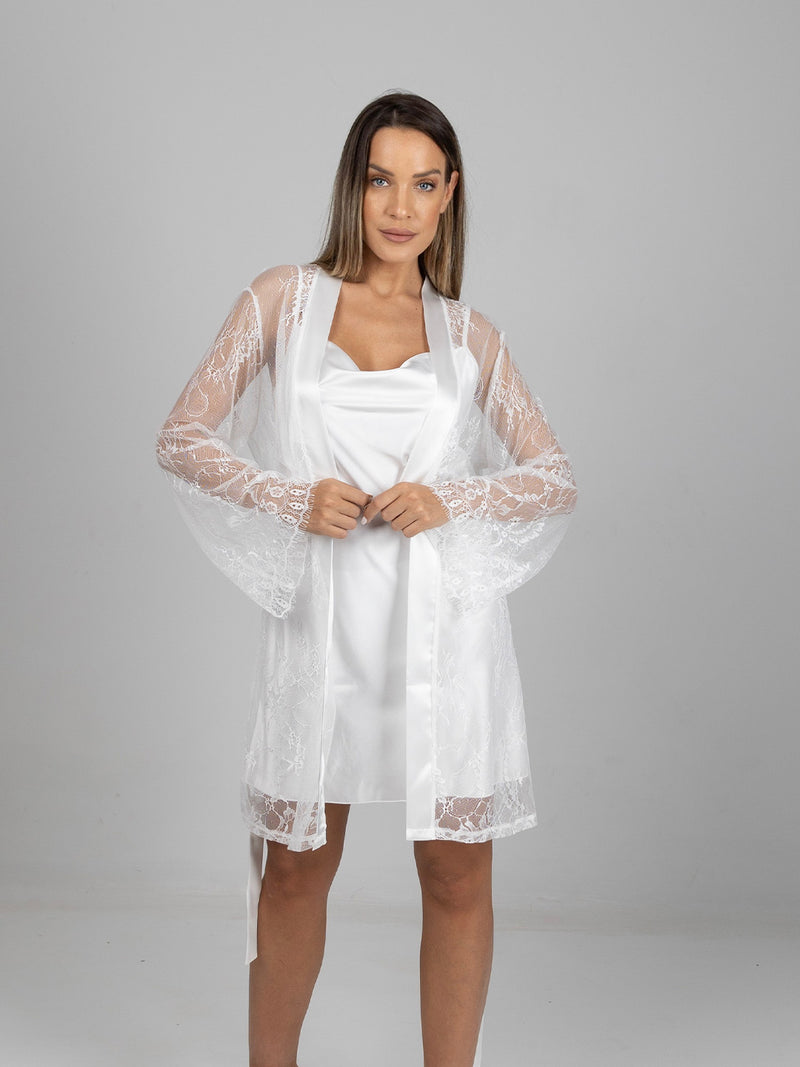 Bridal White Satin Nightwear Set with Lace Robe