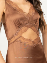 Brown satin nightdress with lace