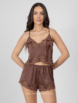 Brown satin pajama set with lace