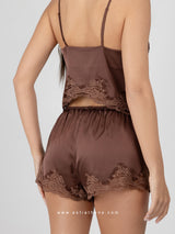 Brown satin pajama set with lace