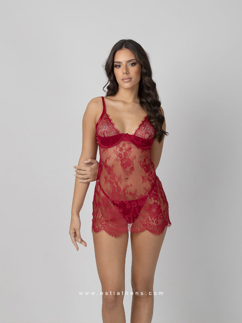 Burgundy Lace Babydoll with Underwire