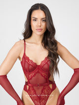 Burgundy lace bodysuit with mesh