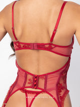Burgundy basque corset with mesh and floral embroidery