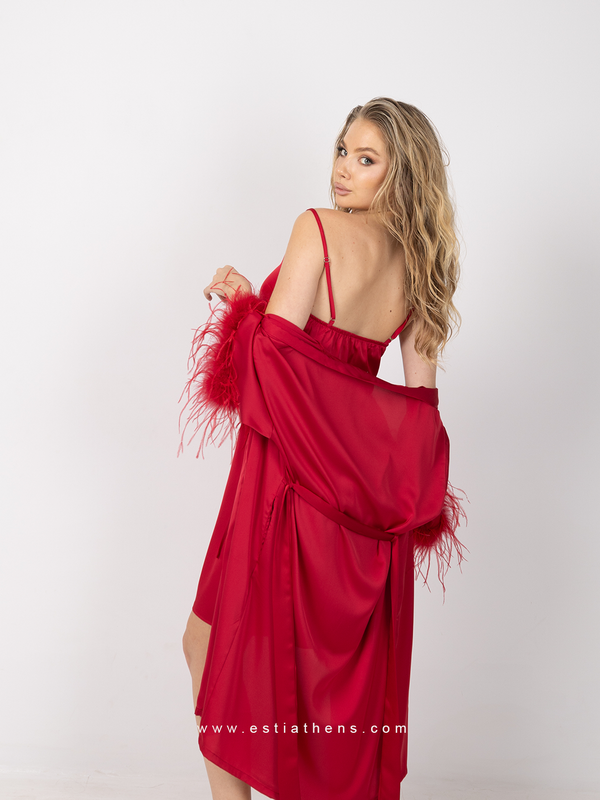 Burgundy Satin Robe Set with Feathers