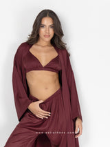 Burgundy satin pyjama set with robe, bralette and pants