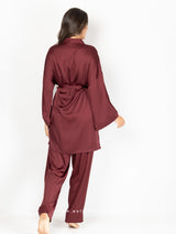 Burgundy satin pyjama set with robe, bralette and pants
