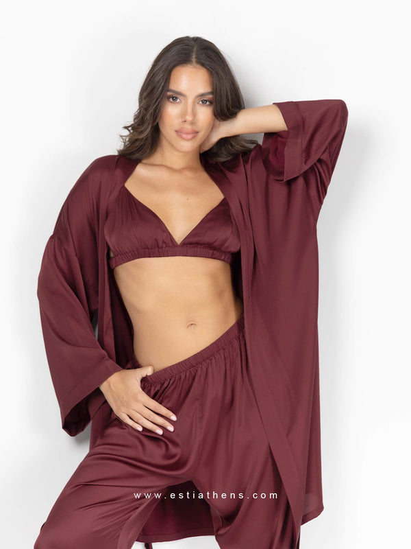 Burgundy satin pyjama set with robe, bralette and pants