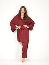 Burgundy satin pyjama set with robe, bralette and pants