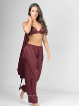 Burgundy satin pyjama set with robe, bralette and pants