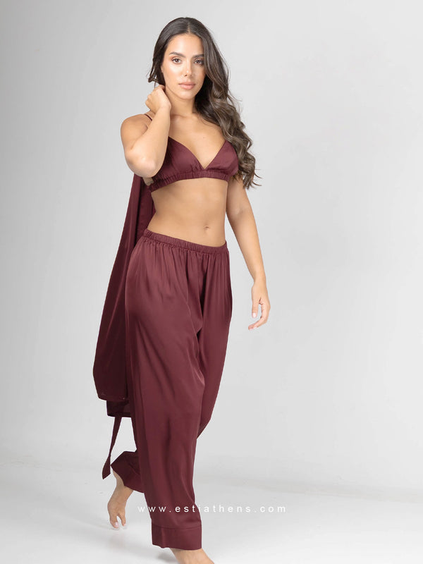 Burgundy satin pyjama set with robe, bralette and pants