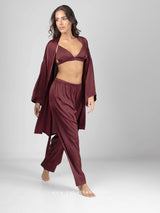 Burgundy satin pyjama set with robe, bralette and pants