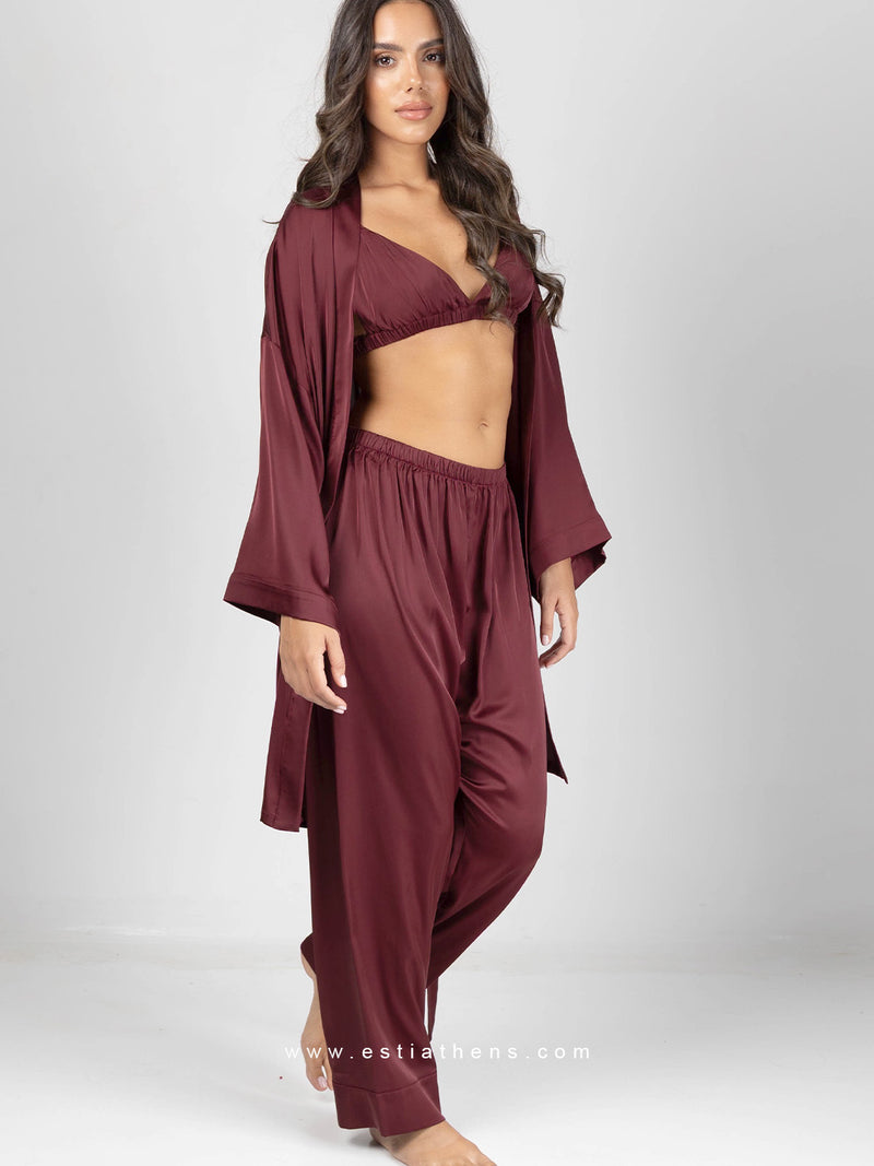 Burgundy satin pyjama set with robe, bralette and pants