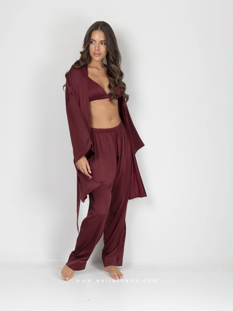 Burgundy satin pyjama set with robe, bralette and pants