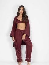 Burgundy satin pyjama set with robe, bralette and pants