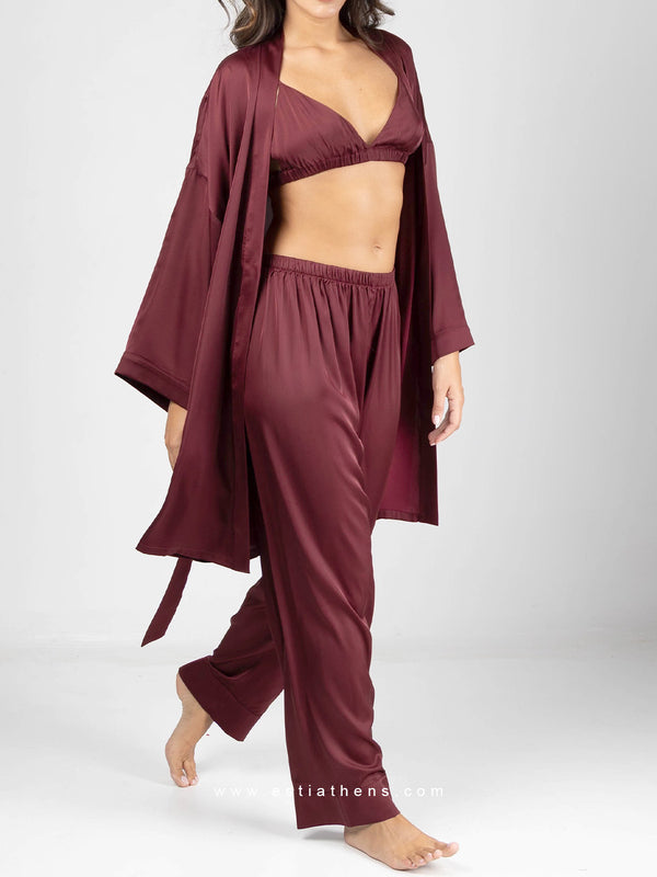 Burgundy satin pyjama set with robe, bralette and pants