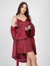 Burgundy satin robe set with nightdress