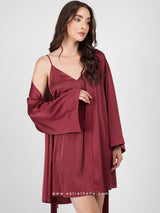 Burgundy satin robe set with nightdress