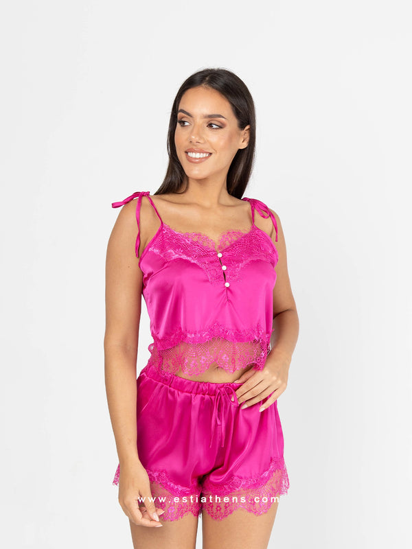 Fuchsia satin pyjama set with lace, pearls and string
