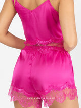 Fuchsia satin pyjama set with lace, pearls and string
