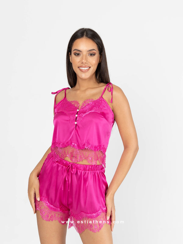 Fuchsia satin pyjama set with lace, pearls and string
