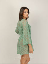 Lace set with green bra, brazilian slip and robe
