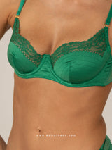Green satin lingerie set with lace heart pattern