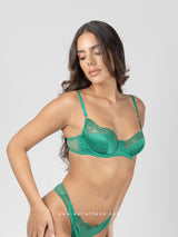 Green satin lingerie set with lace heart pattern