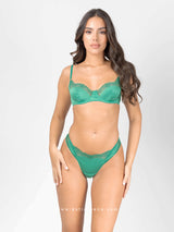 Green satin lingerie set with lace heart pattern