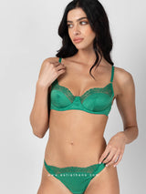 Green satin lingerie set with lace heart pattern