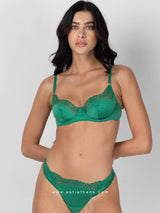 Green satin lingerie set with lace heart pattern