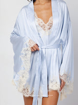 Light blue satin robe and nightdress set with beige lace
