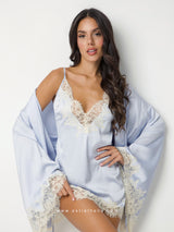 Light blue satin robe and nightdress set with beige lace